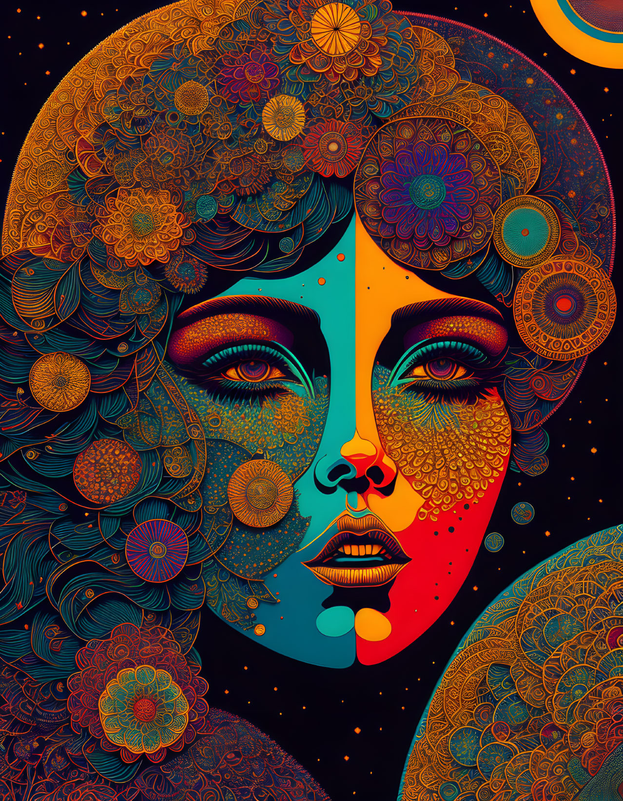 Colorful psychedelic portrait of a woman with intricate patterned hair and moon motifs