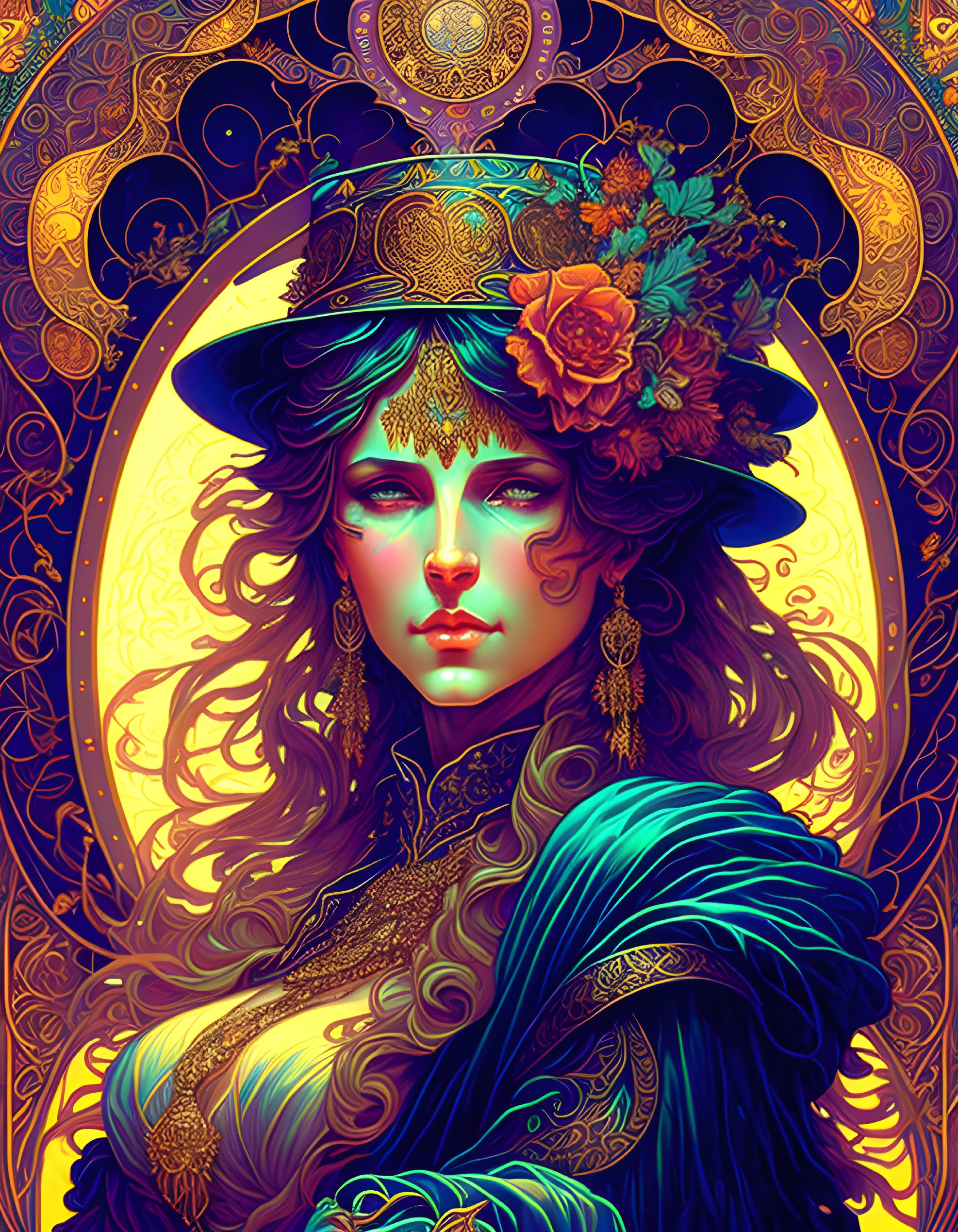 Stylized portrait of a woman with floral hat and intricate jewelry against ornate background