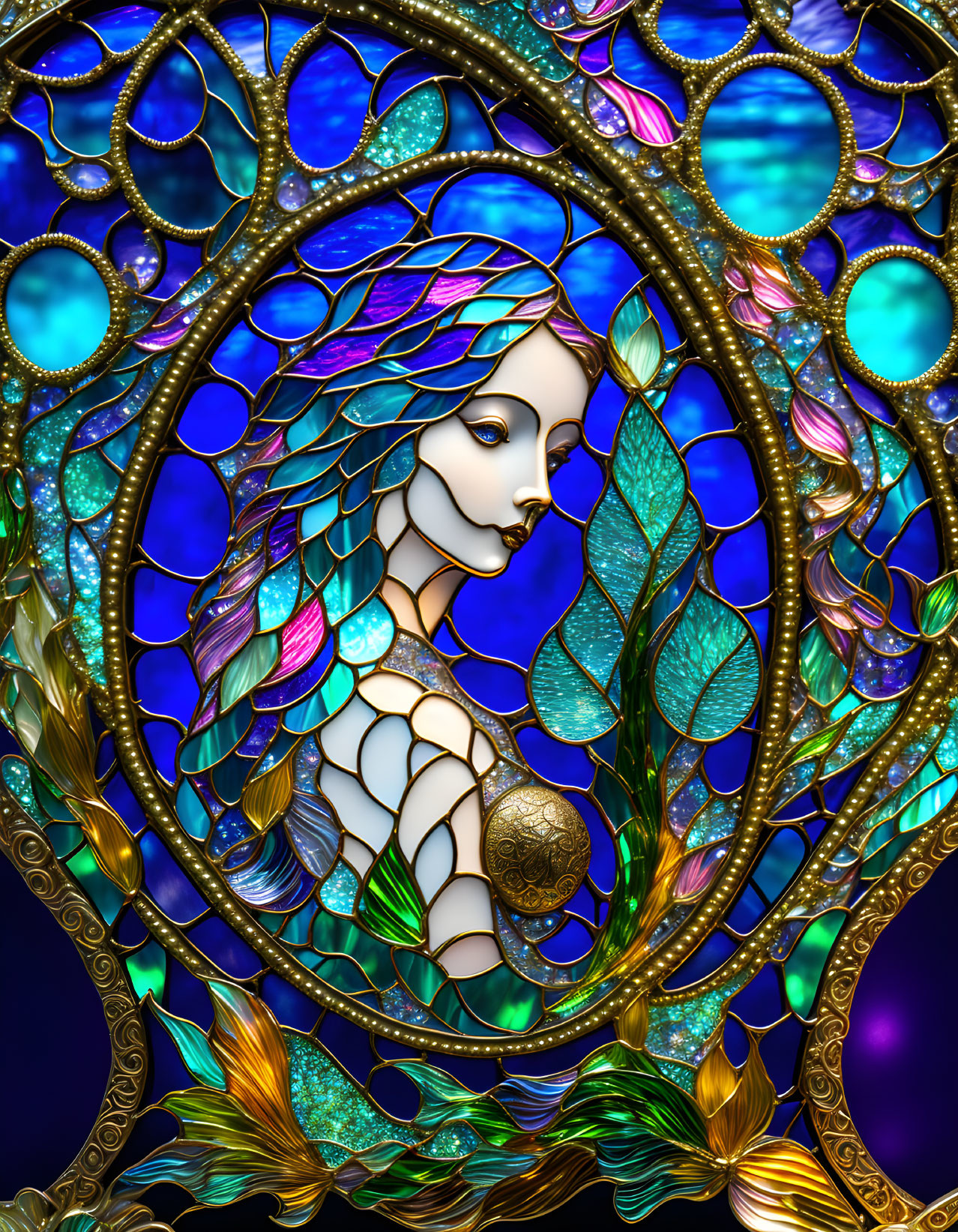 Colorful Stained Glass Artwork of Woman with Flowing Hair and Leaves