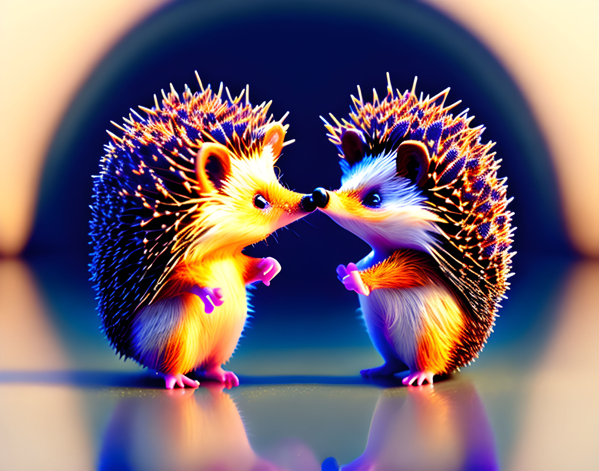 Neon-colored hedgehogs touching noses on blue background