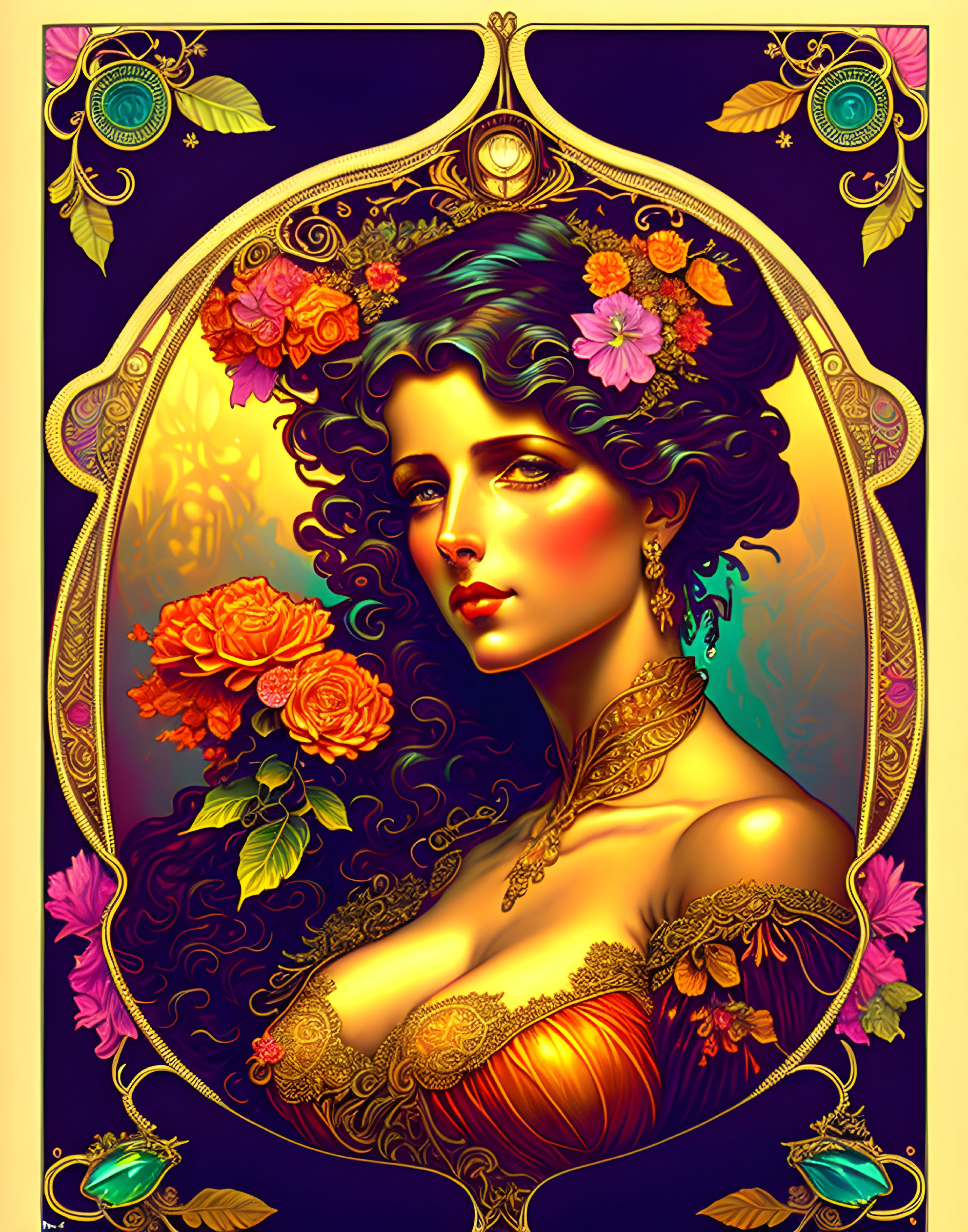 Art Nouveau Woman Illustration with Floral Hair and Peacock Feathers