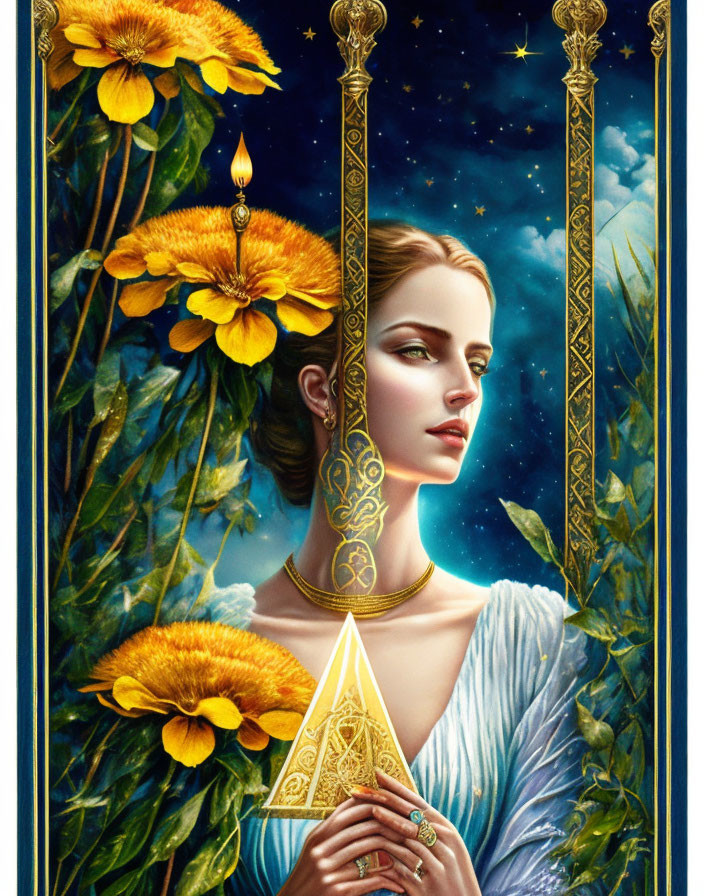 Cosmic-themed portrait of woman with golden jewelry and geometric object.