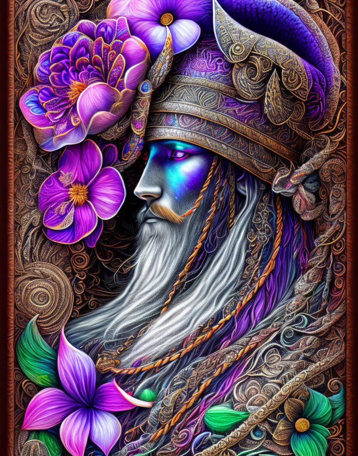 Colorful digital art: Bearded figure in ornate headdress with floral patterns