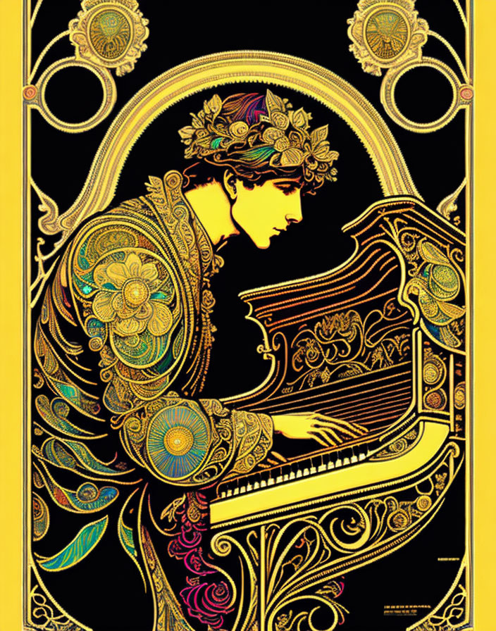 Art Nouveau Woman Playing Grand Piano in Golden & Black