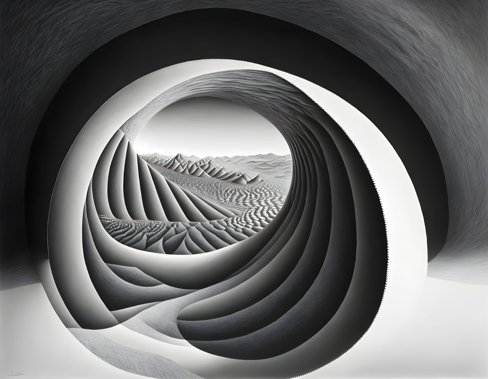 Monochrome abstract artwork with concentric circles and textured mountain landscape