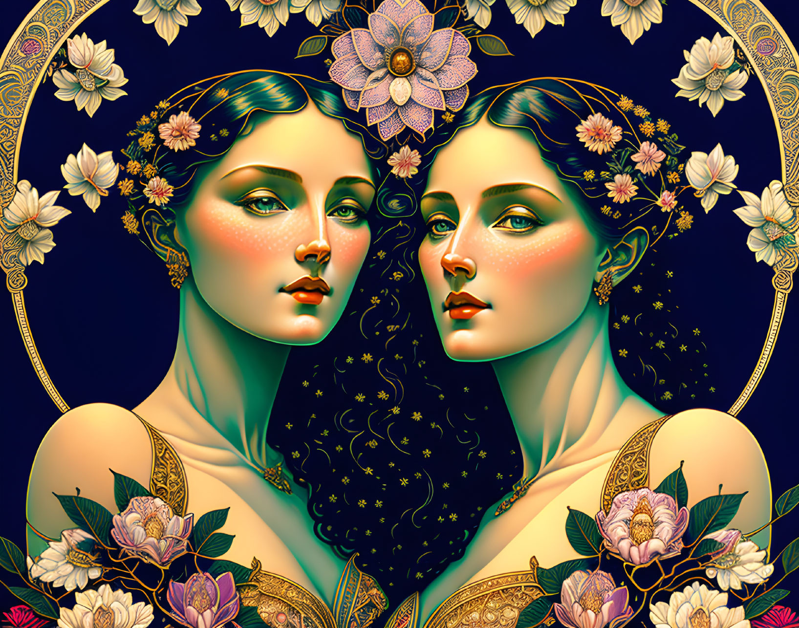 Symmetrical women with floral and celestial motifs on dark background