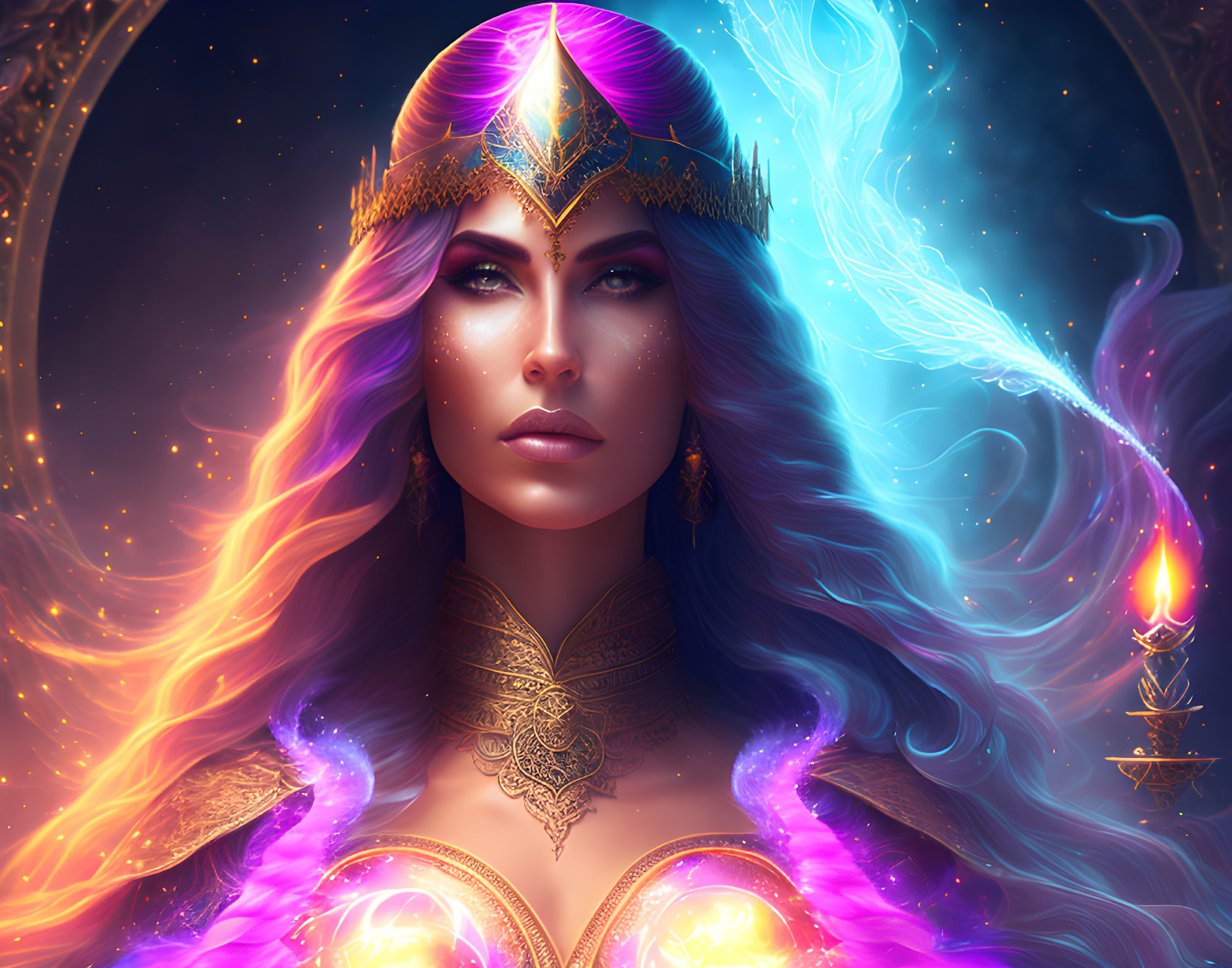 Regal woman with violet eyes and golden crown in cosmic fantasy artwork