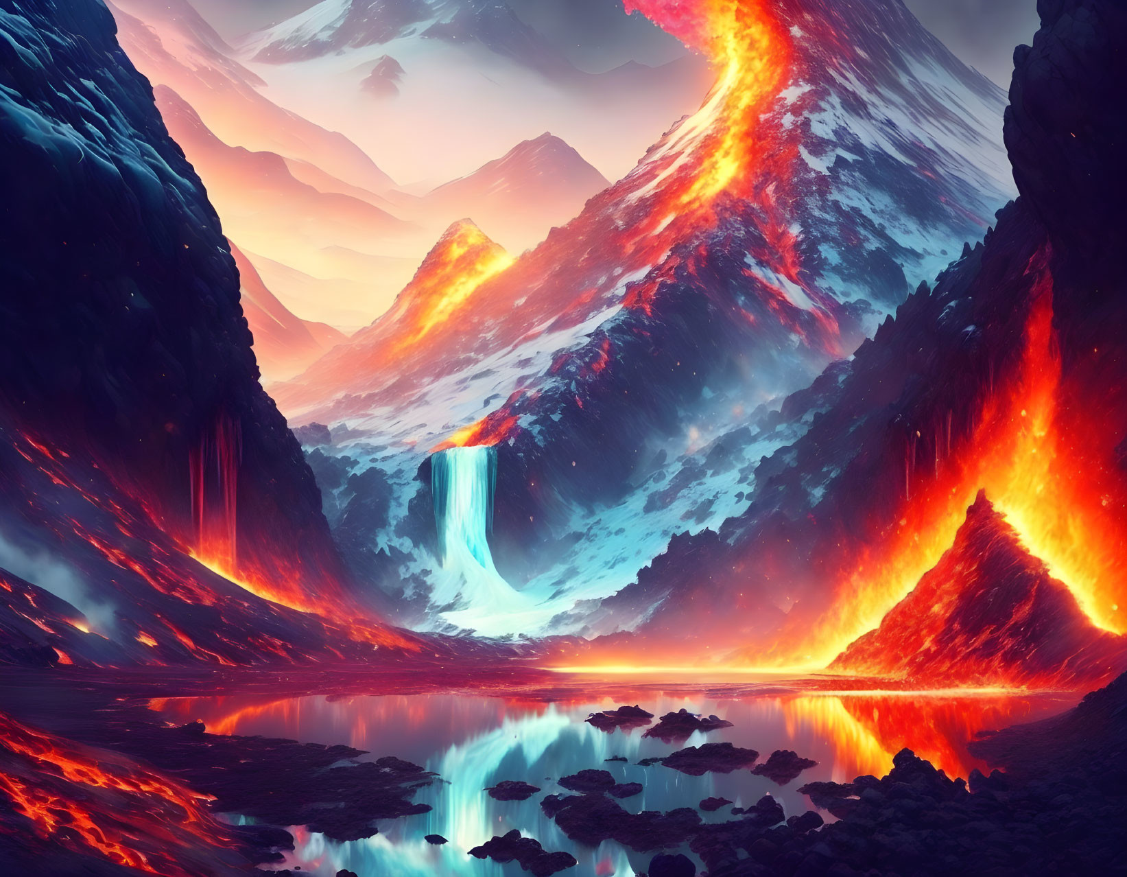 Fantastical landscape: Fire and ice dichotomy by tranquil lake