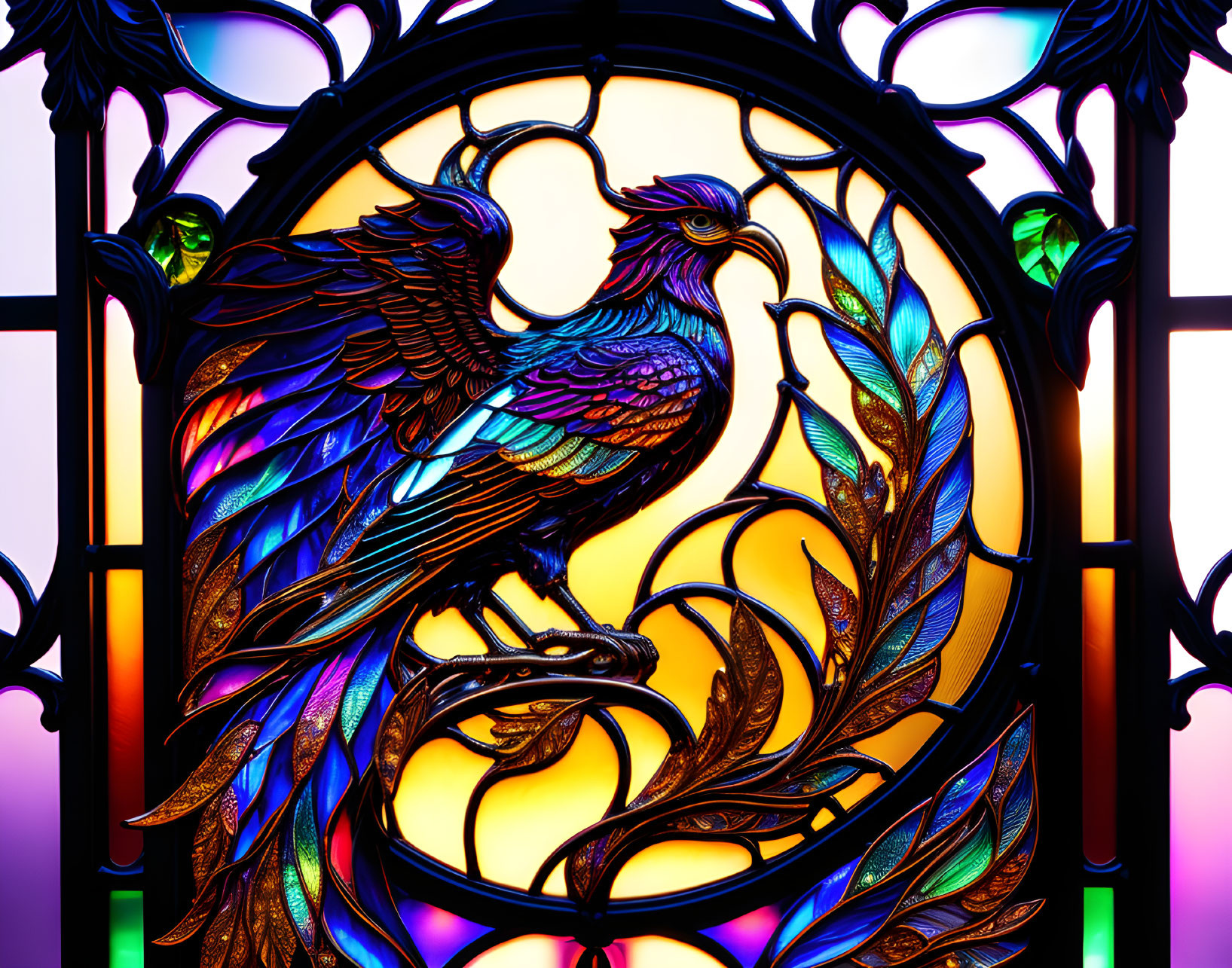 Colorful Stained Glass Window with Iridescent Bird and Foliage