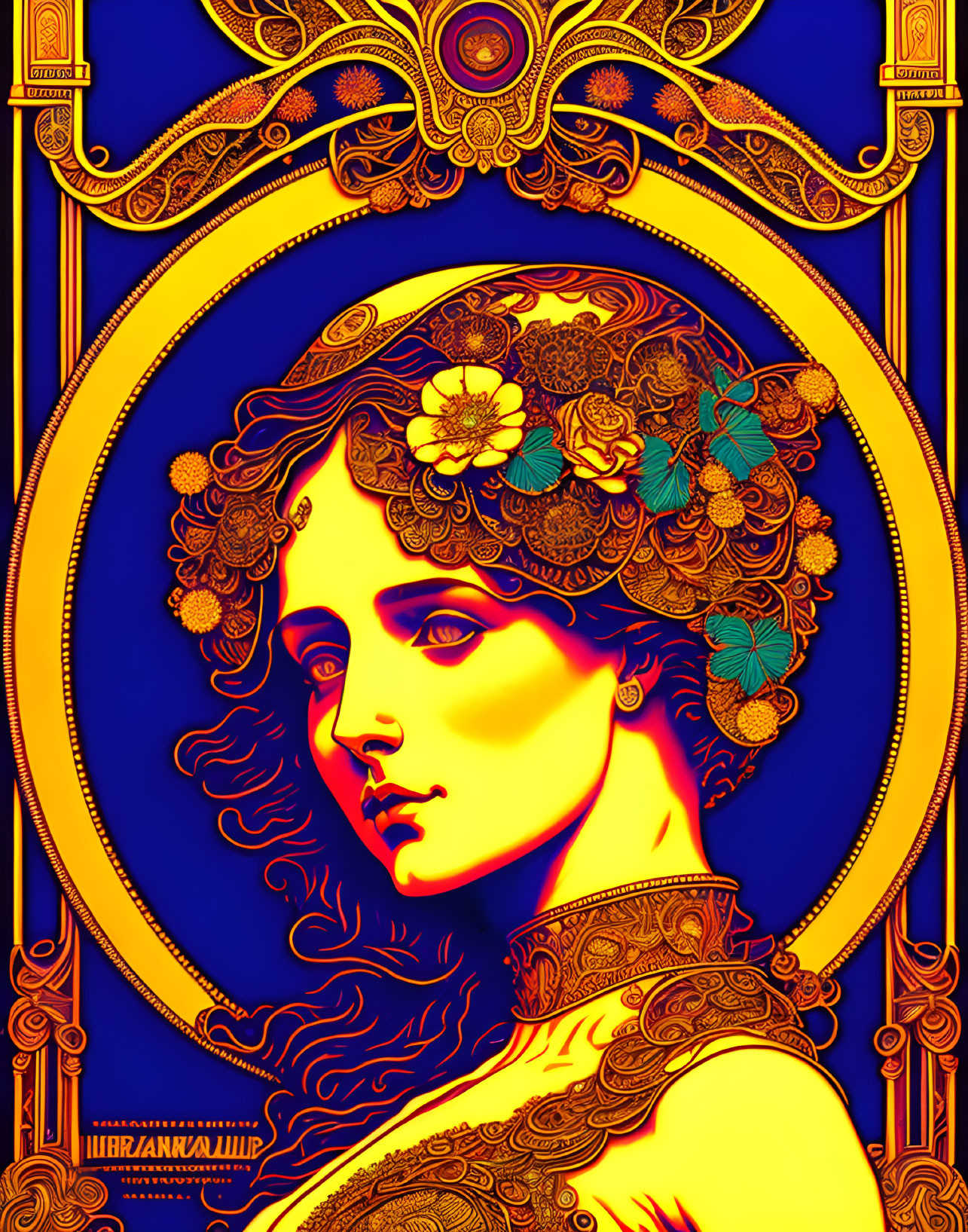 Art Nouveau Woman Portrait with Floral Hair Ornaments in Blue and Gold Frame