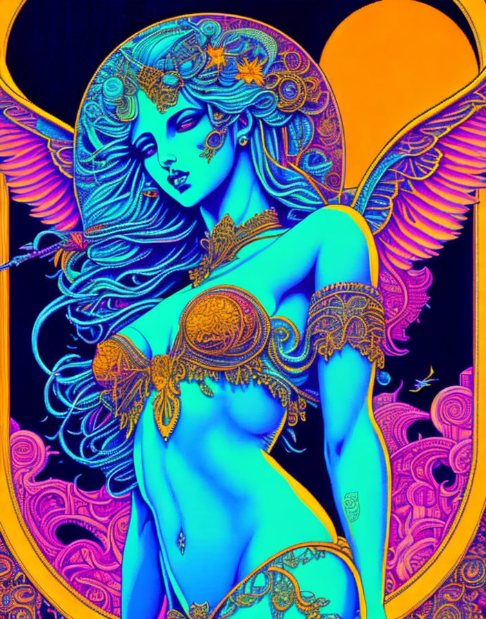 Stylized angelic figure with ornate jewelry in vibrant blue and orange hues