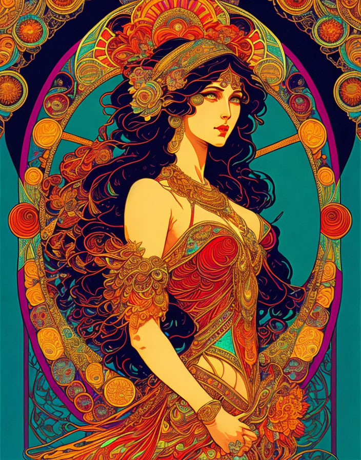 Colorful woman illustration with flowing hair and intricate patterns