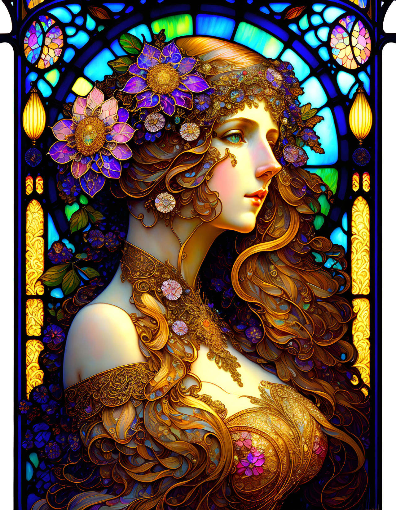 Woman with Elaborate Curled Hair and Purple Flowers in Stained Glass Setting