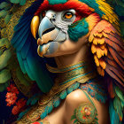 Colorful digital artwork: Human portrait with parrot features and intricate patterns