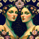 Symmetrical women with golden floral makeup and black hair on dark ornate backdrop