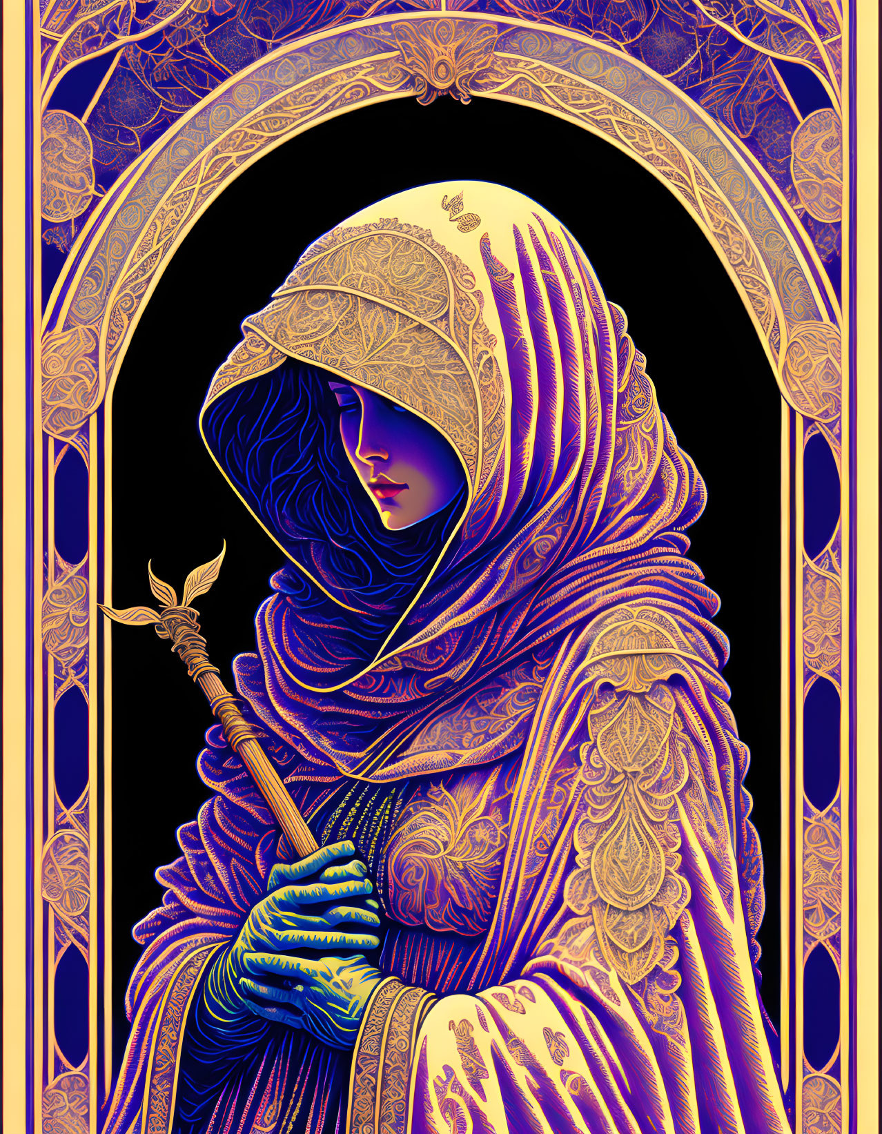 Hooded figure in purple robes with golden patterns and staff under Art Nouveau arch