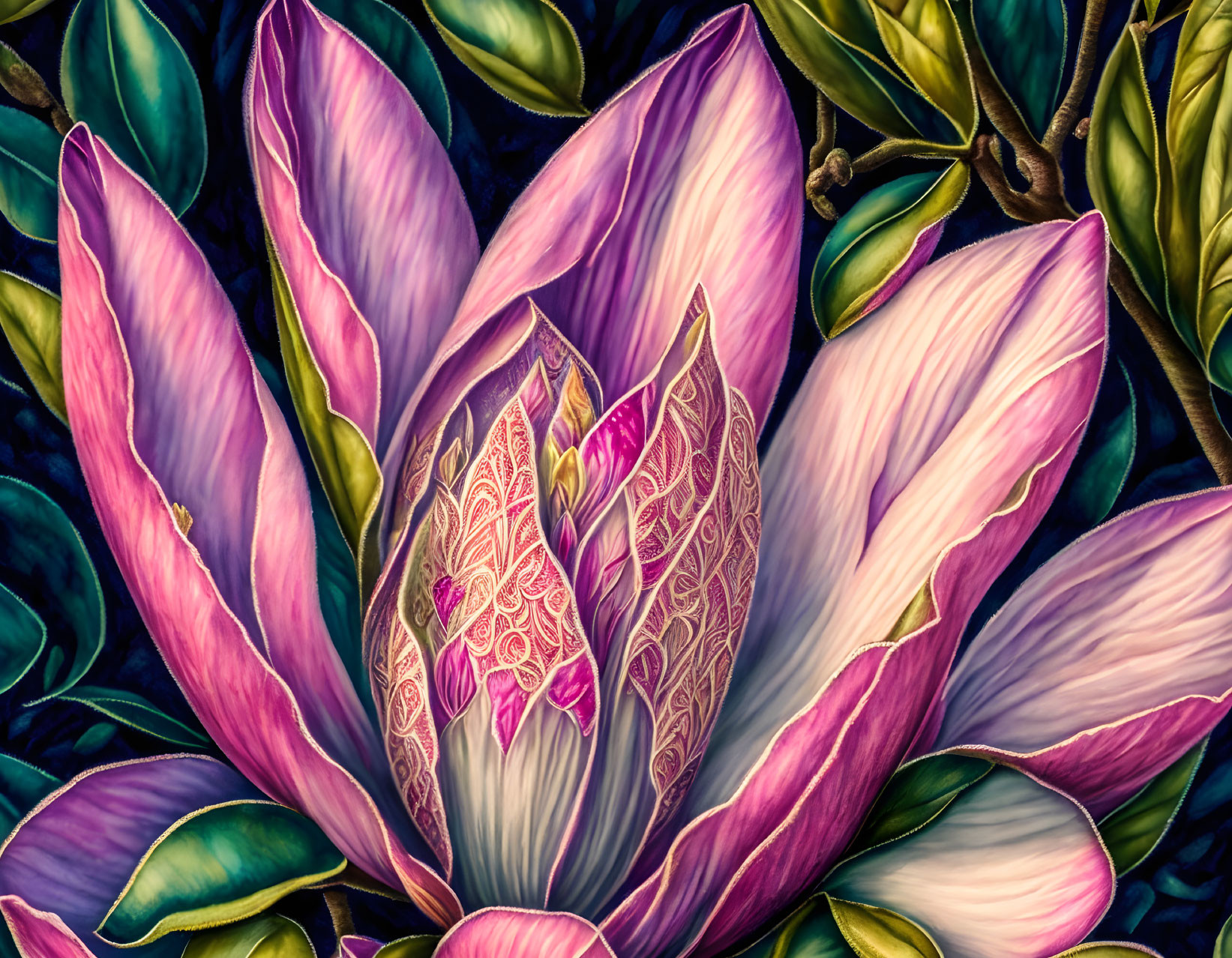 Colorful digital artwork of large purple lotus with intricate pink patterns on dark backdrop