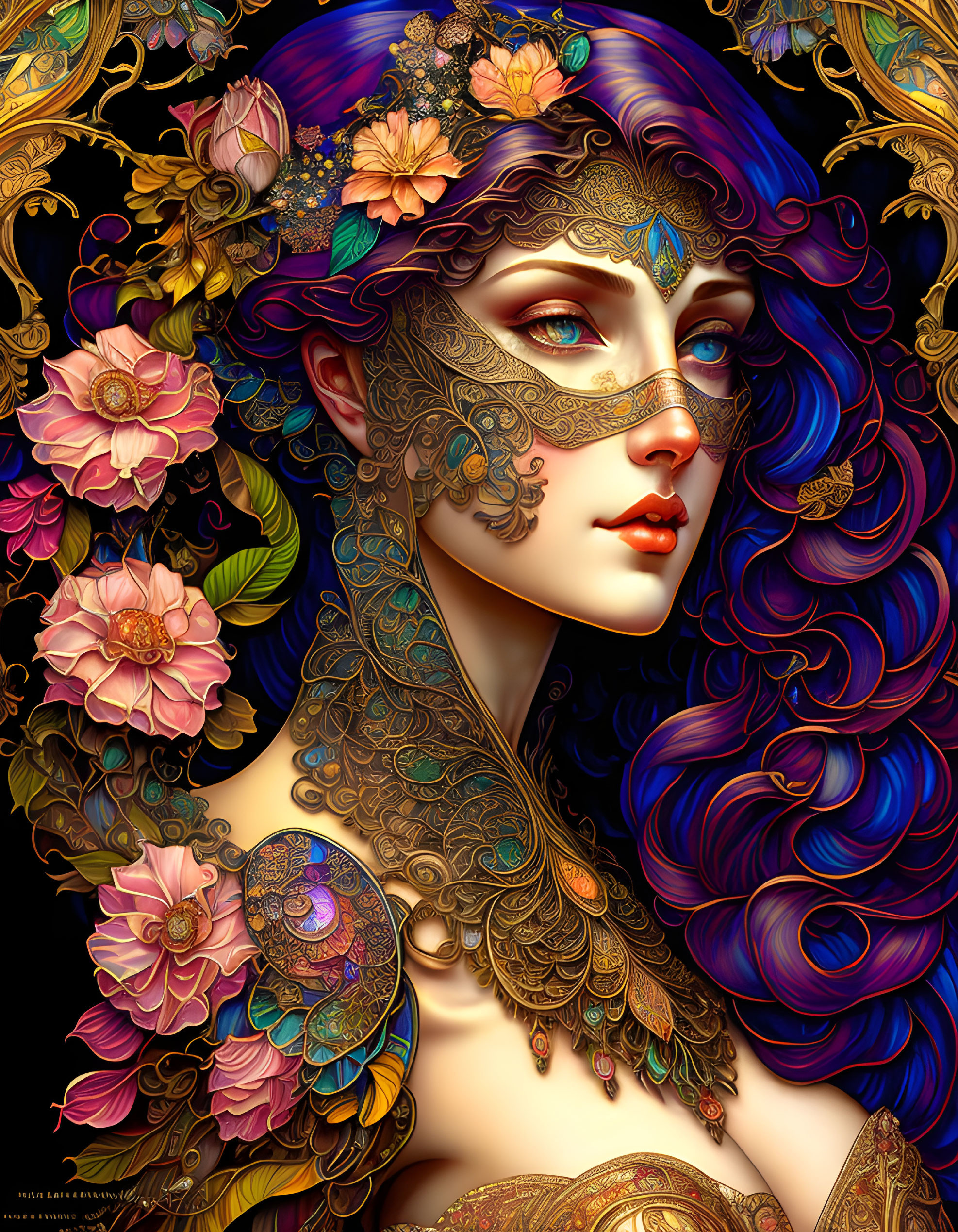 Colorful digital artwork: Woman with blue hair, gold filigree, and floral design.