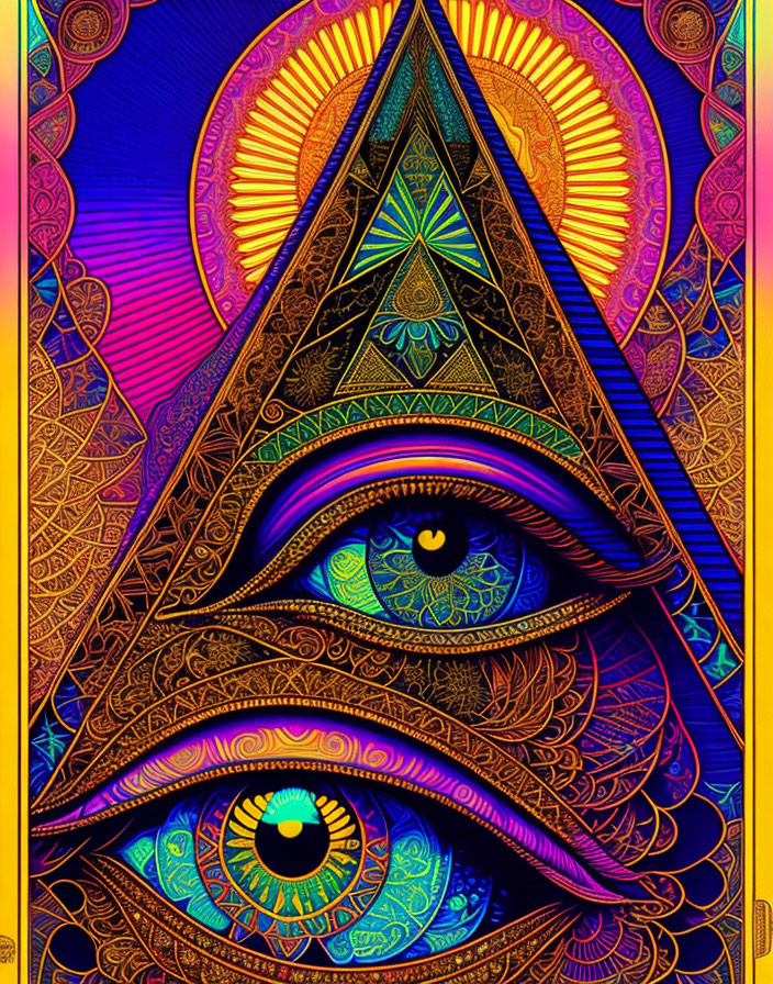 Colorful Psychedelic Art: Eye in Triangle with Intricate Patterns