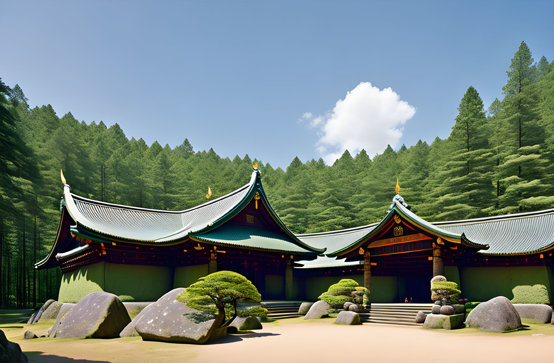 Japanese Shinto Shrine Amid Pine Trees and Blue Sky