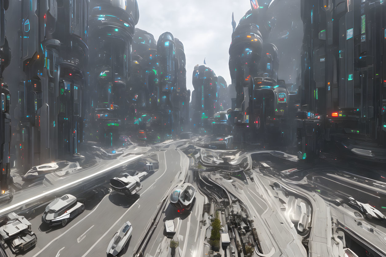 Futuristic cityscape with flying cars and skyscrapers