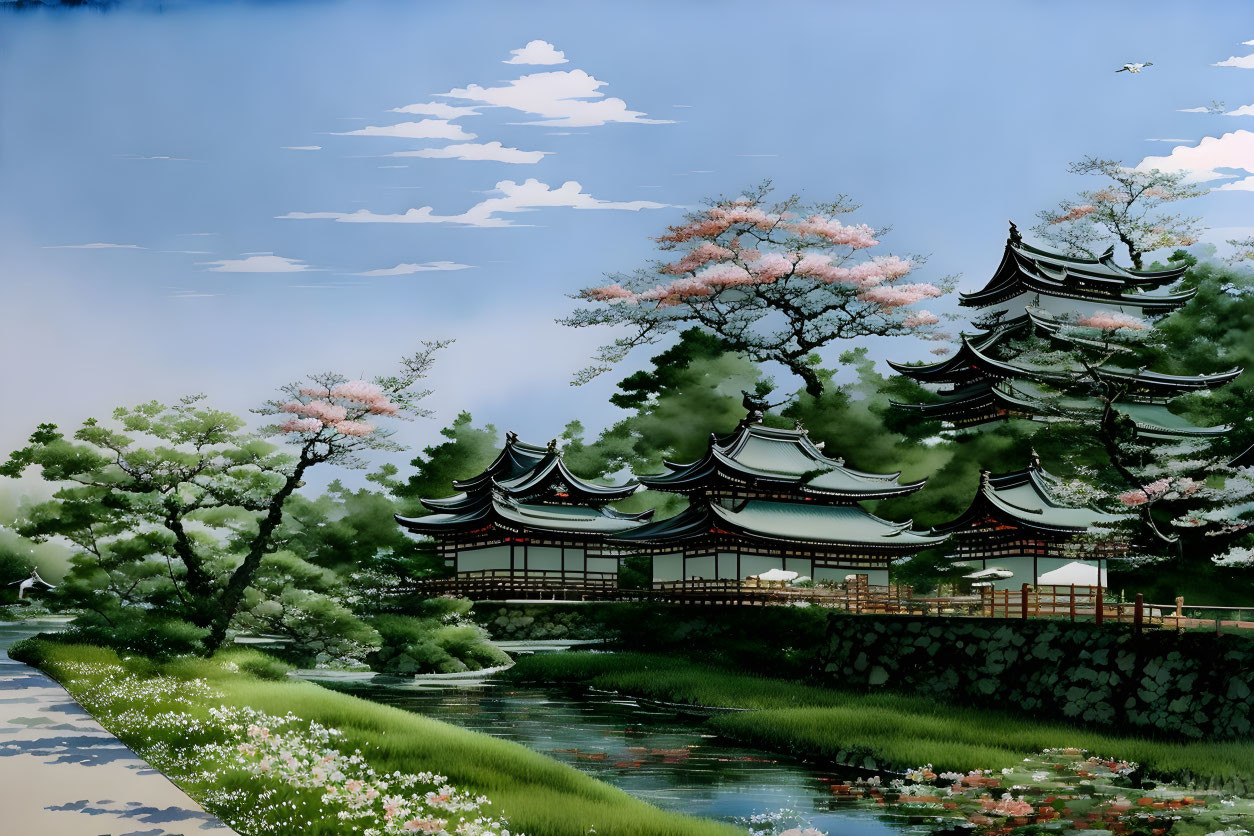 Asian-style Pagodas by Calm River & Cherry Blossoms