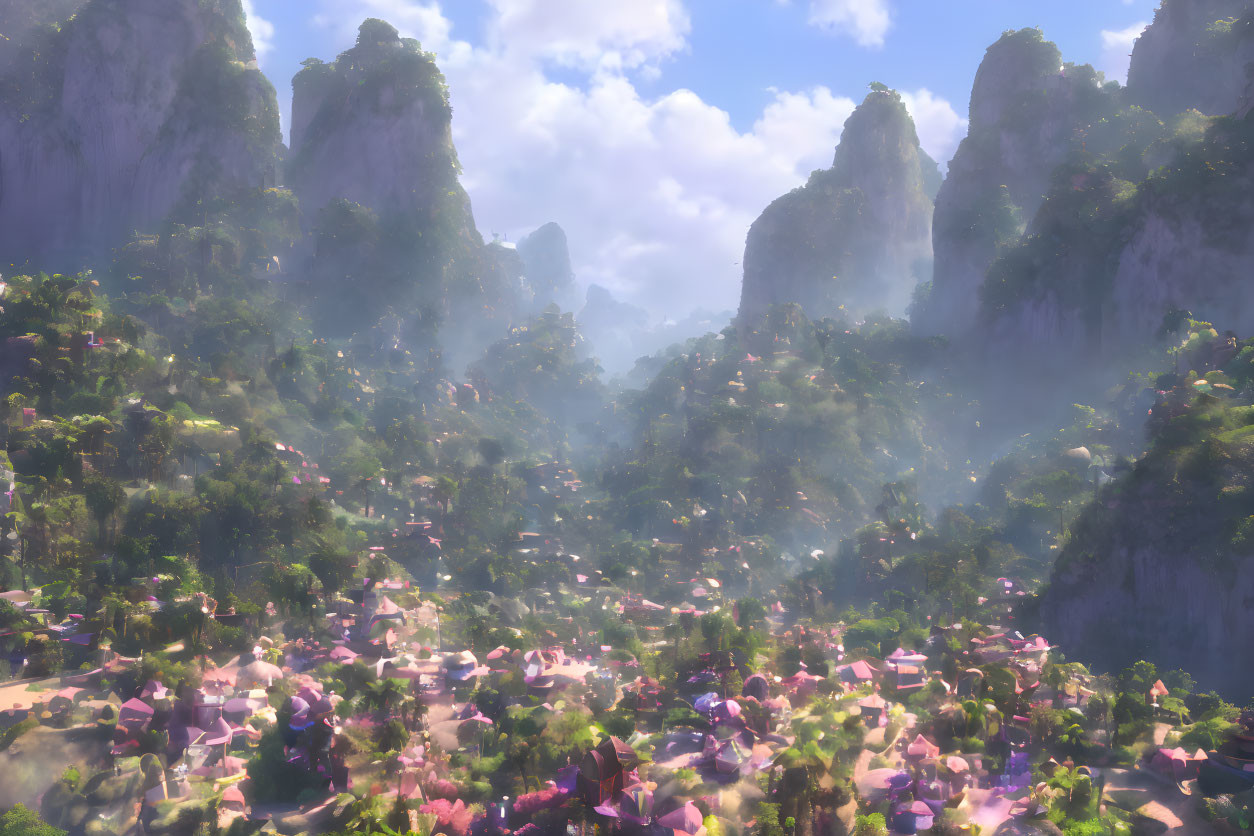 Mystical valley with mist, lush greenery, towering cliffs, and pink flowering trees