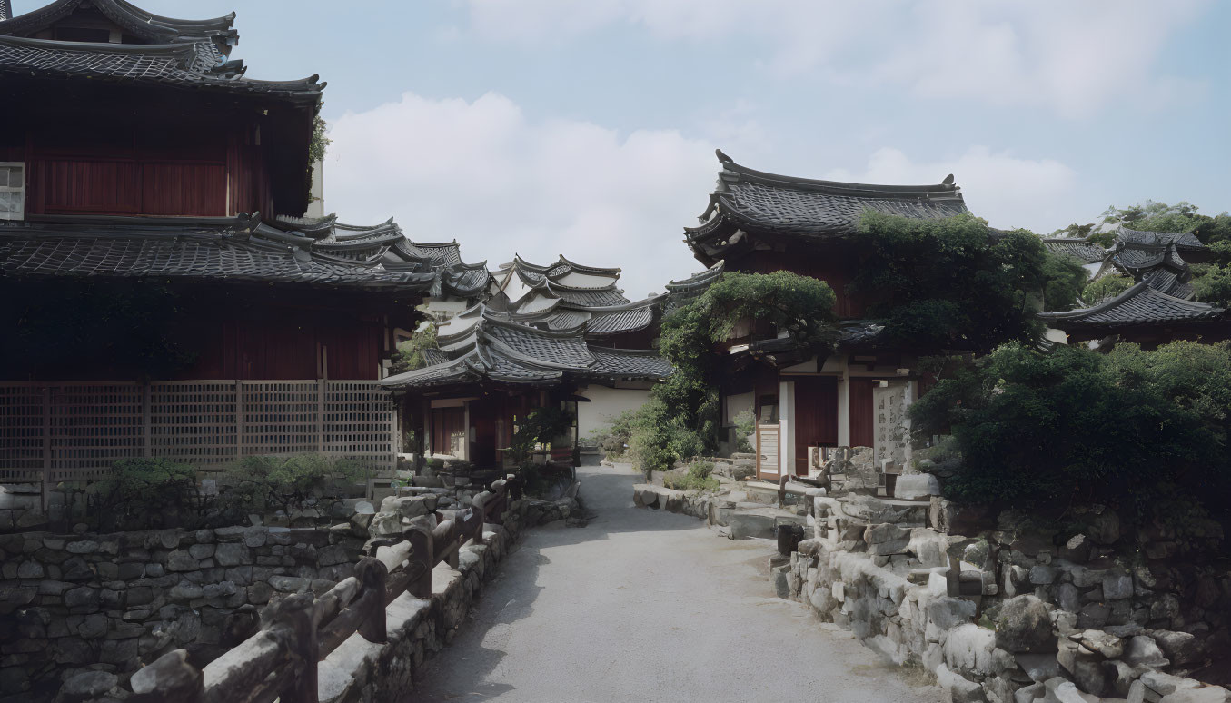 Ancient East Asian-style village with traditional tiled roofs