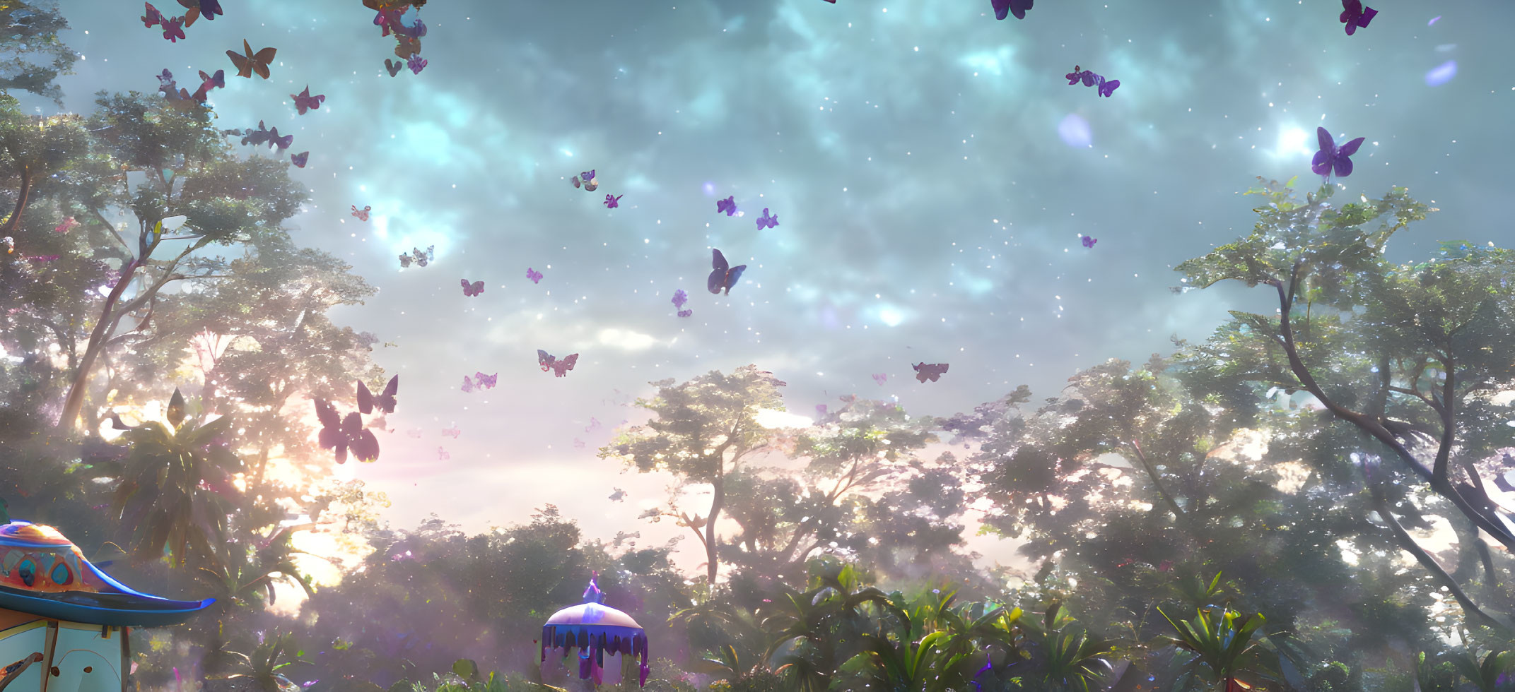 Fantasy forest with colorful butterflies, glowing plants, whimsical structures