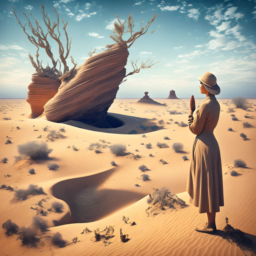 Person in dress and hat gazes at dead tree in desert landscape