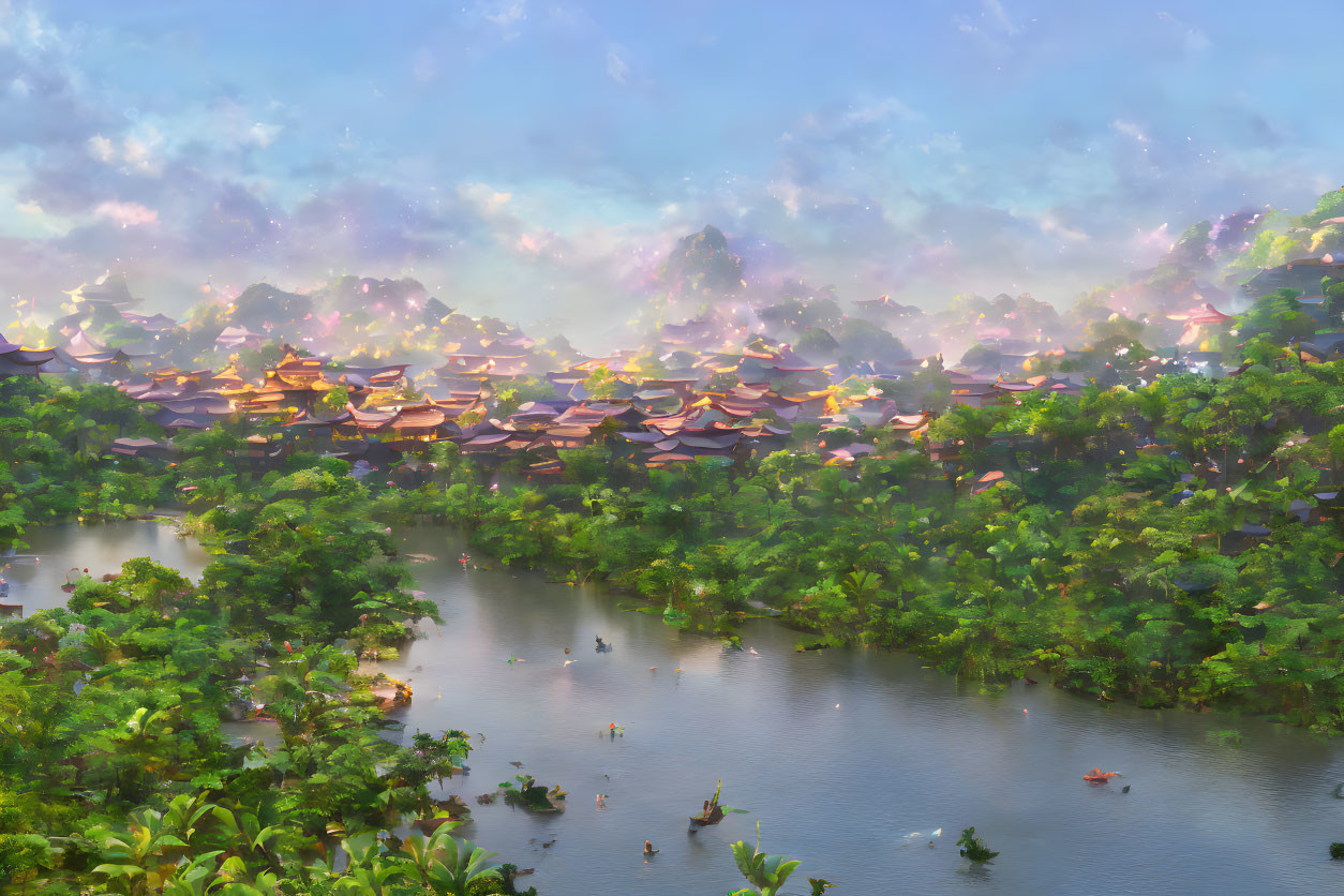 Tranquil misty landscape with lake, boats, greenery, and pagoda-roofed