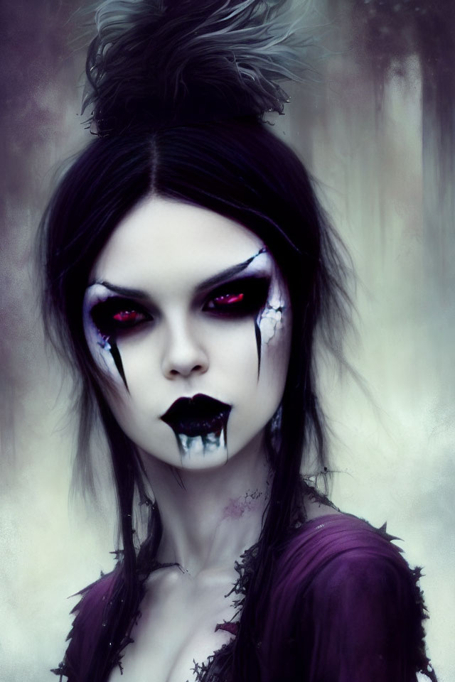 Dark, gothic-inspired makeup with black lips and dramatic eye designs