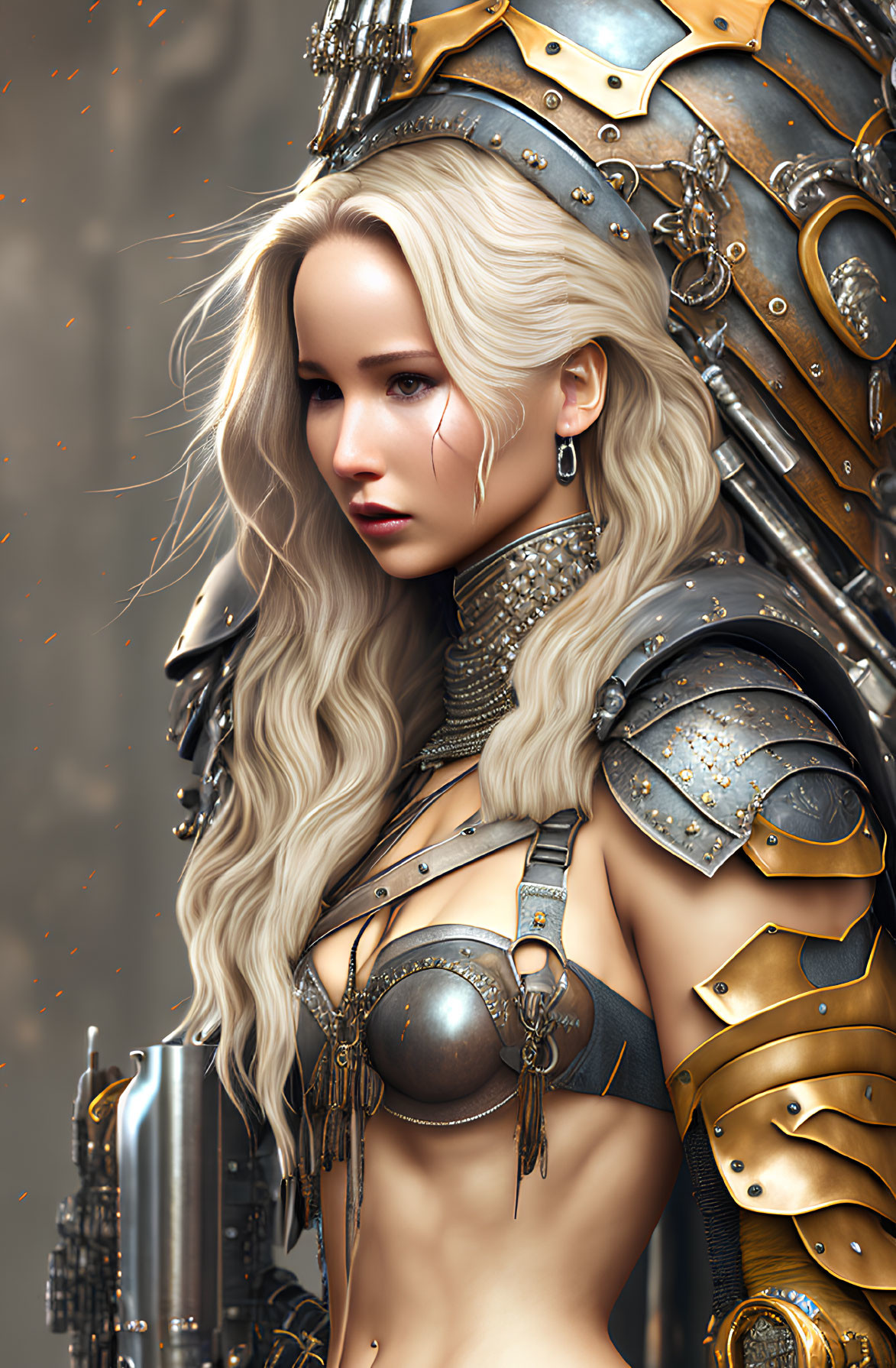 Blonde-haired woman in ornate armor with metallic details and ember-like particles