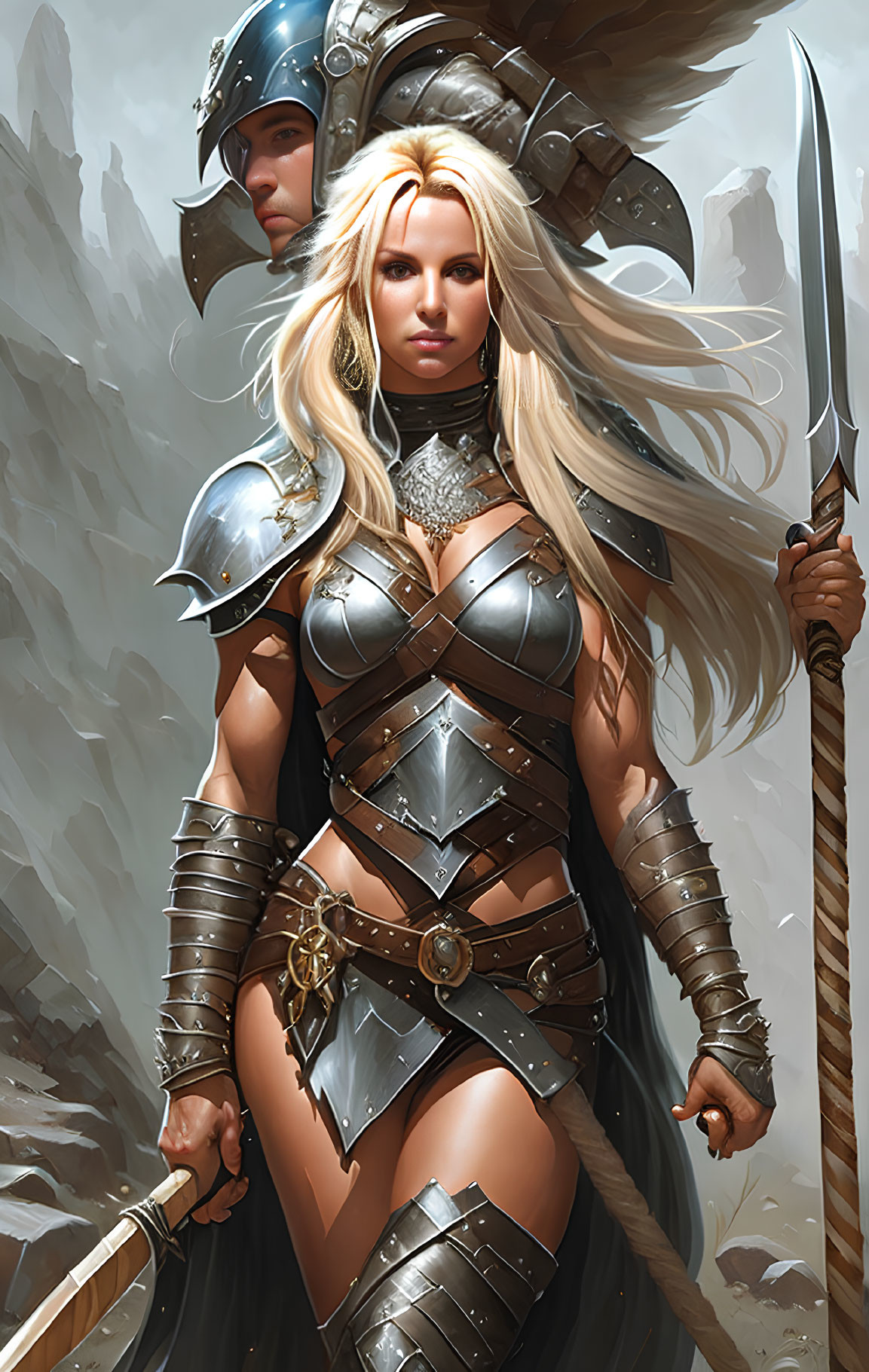 Blonde warrior woman and male companion in fantasy armor against mountainous backdrop