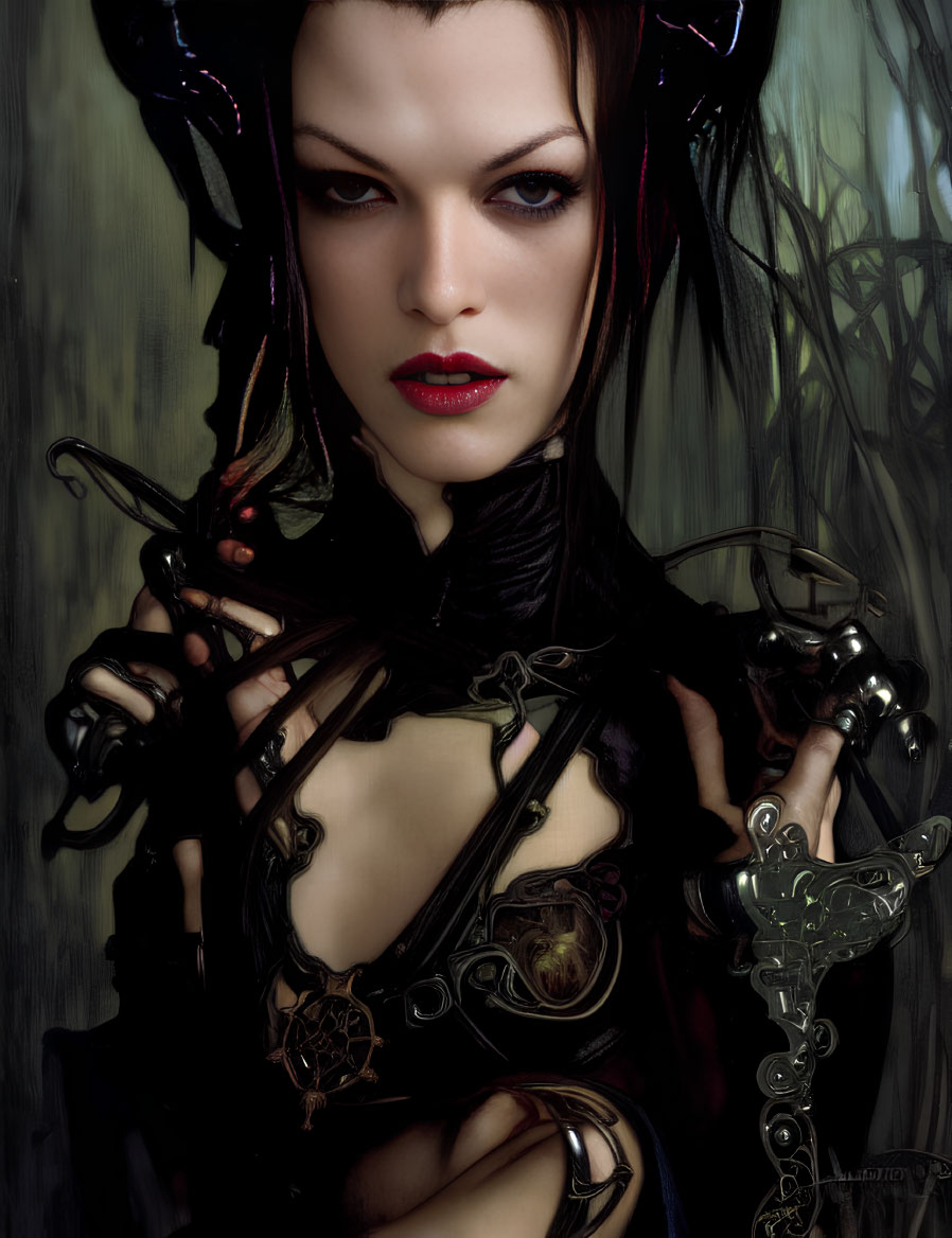 Pale-skinned woman in dark attire with horn-like headdress and metallic accents.