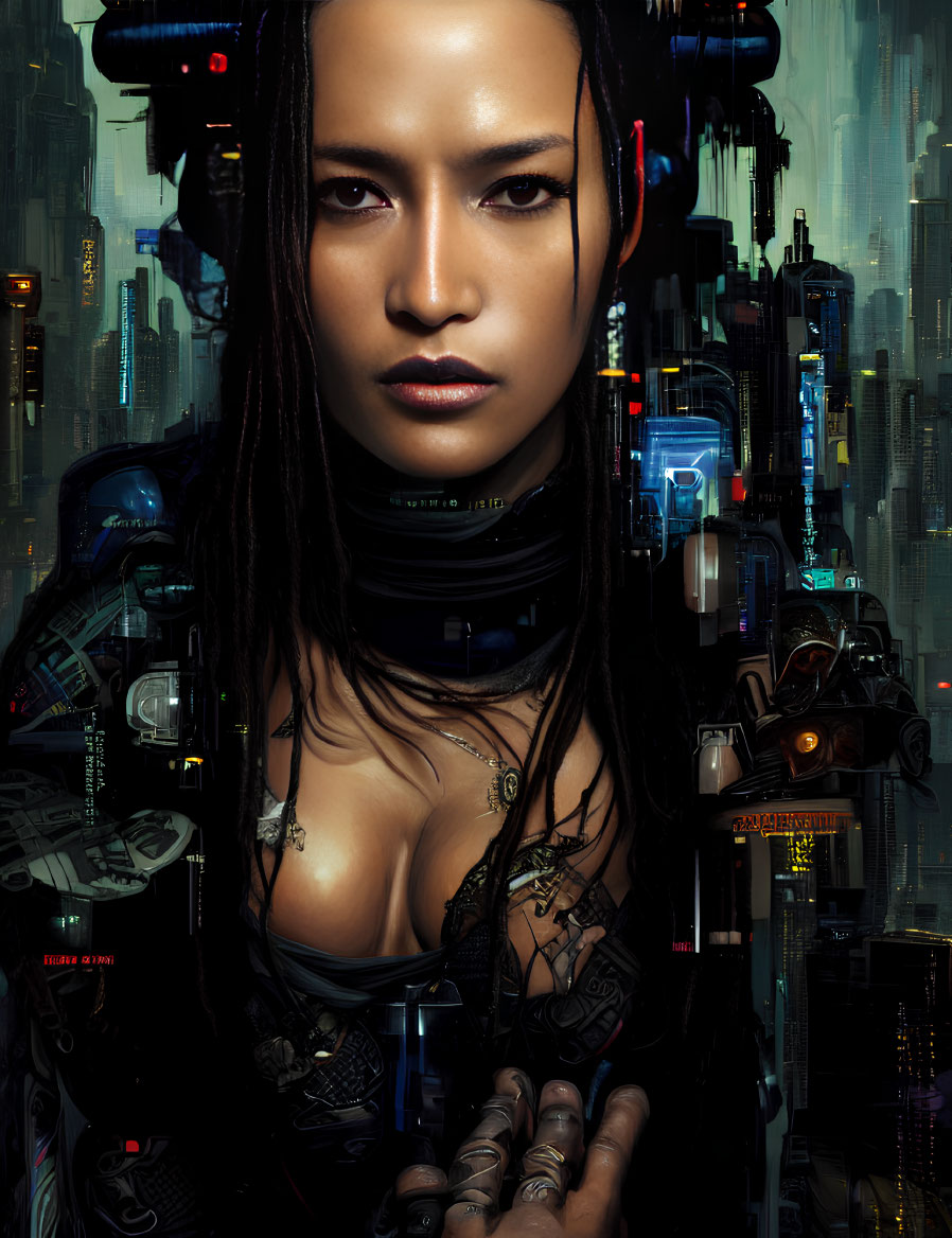 Detailed futuristic female cyborg against neon-lit cityscape