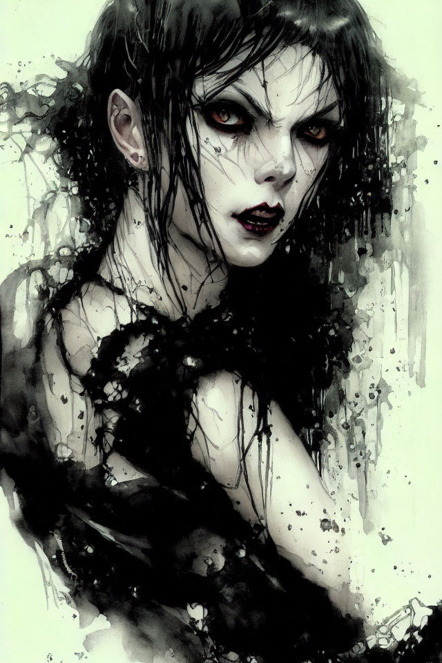 Dark Gothic Art: Person with Red Eyes and Black Ink Drips