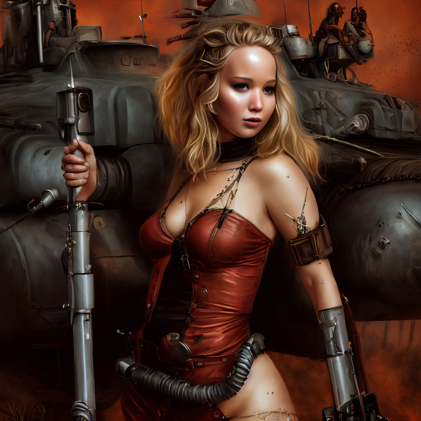 Woman in red strapless outfit with rifle surrounded by tanks and soldiers