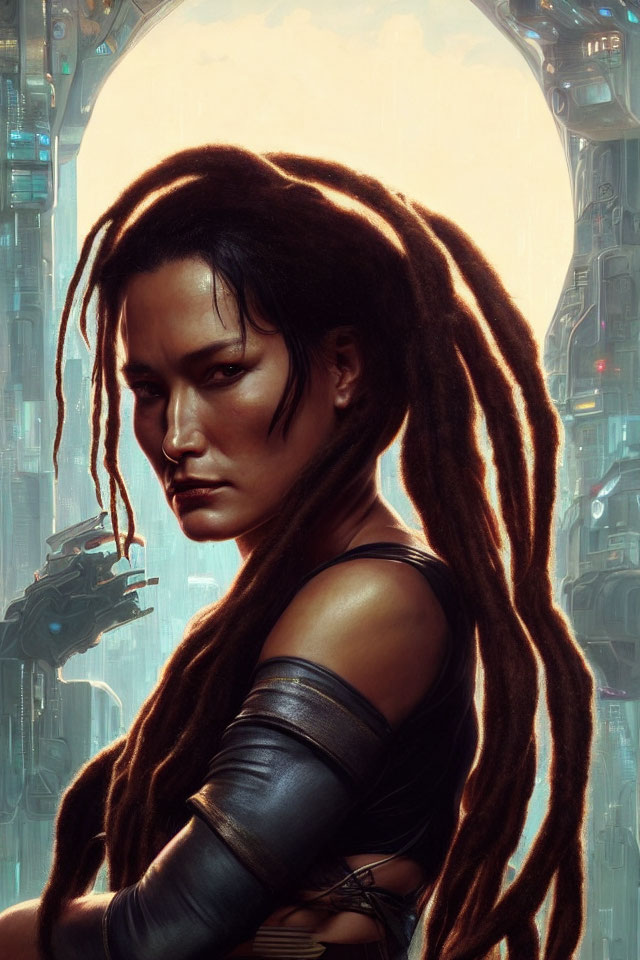 Futuristic attire woman with dreadlocks in cityscape portrait