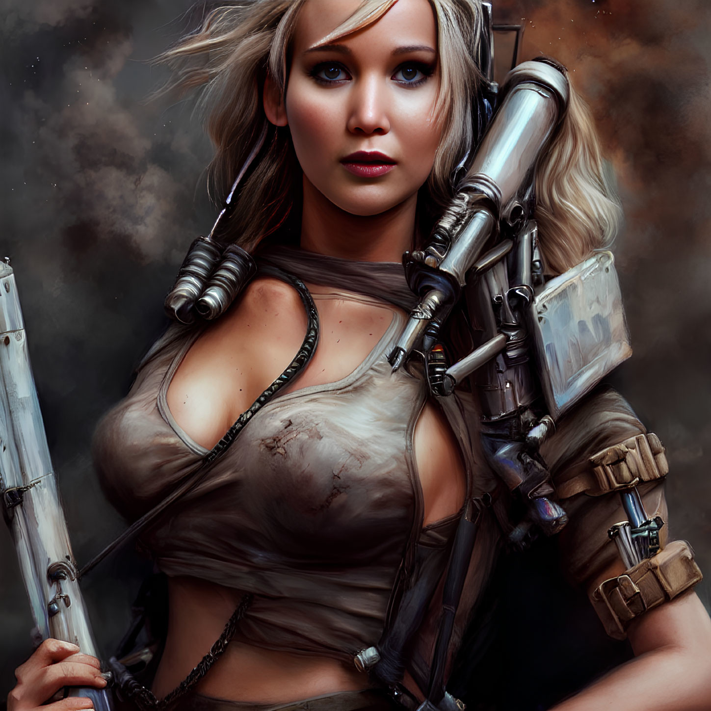 Female cyborg with robotic arm holding a weapon, blue eyes, blonde hair on dark background