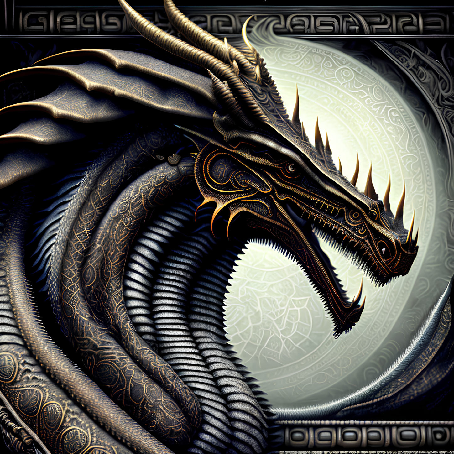 Metallic dragon with horns and spikes on Celtic-inspired background