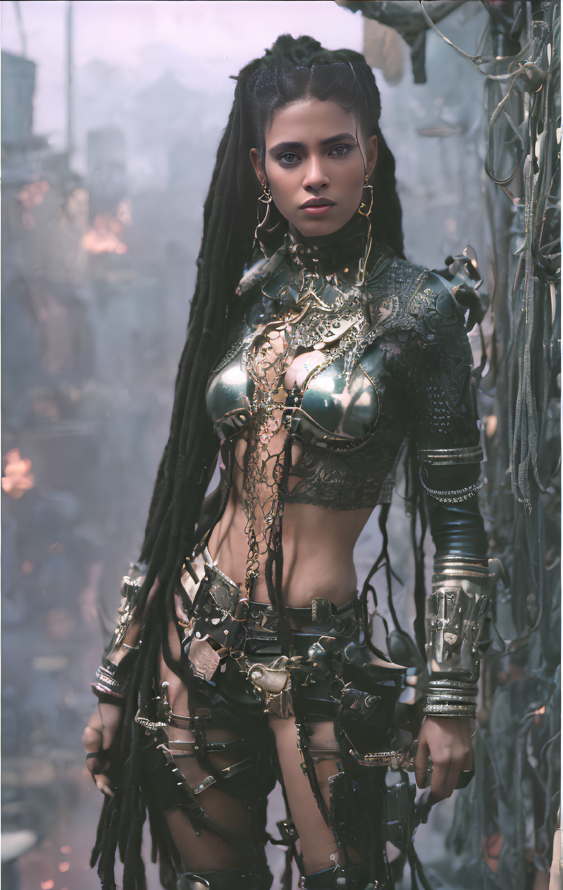 Warrior woman with braided hair in elaborate armor in misty cityscape.