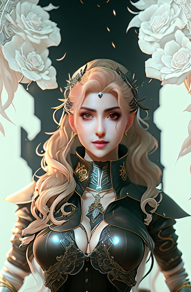 Fantasy female character with blond hair in black and gold armor surrounded by white roses