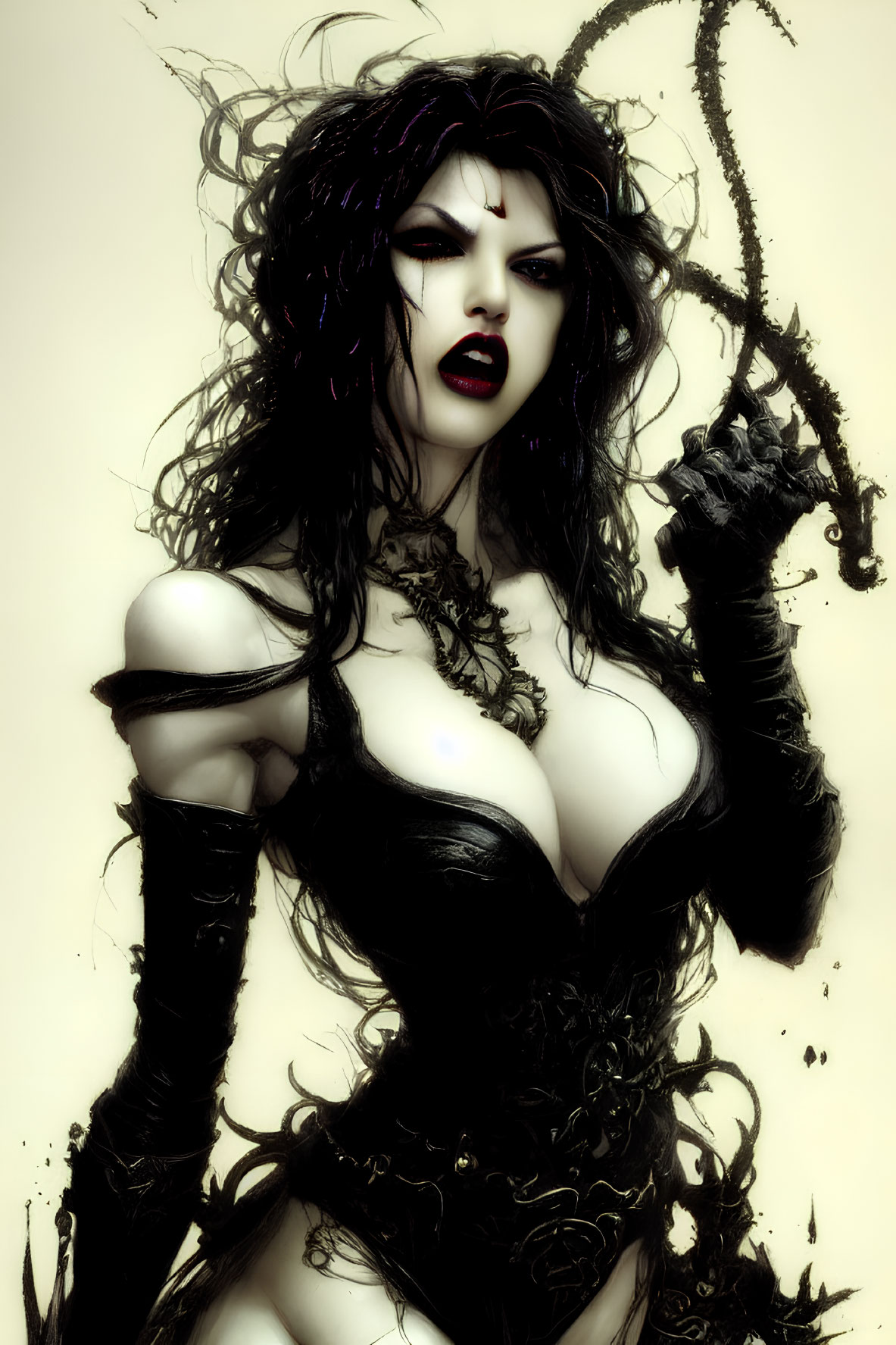 Pale-skinned gothic fantasy figure in black corset with twisted staff