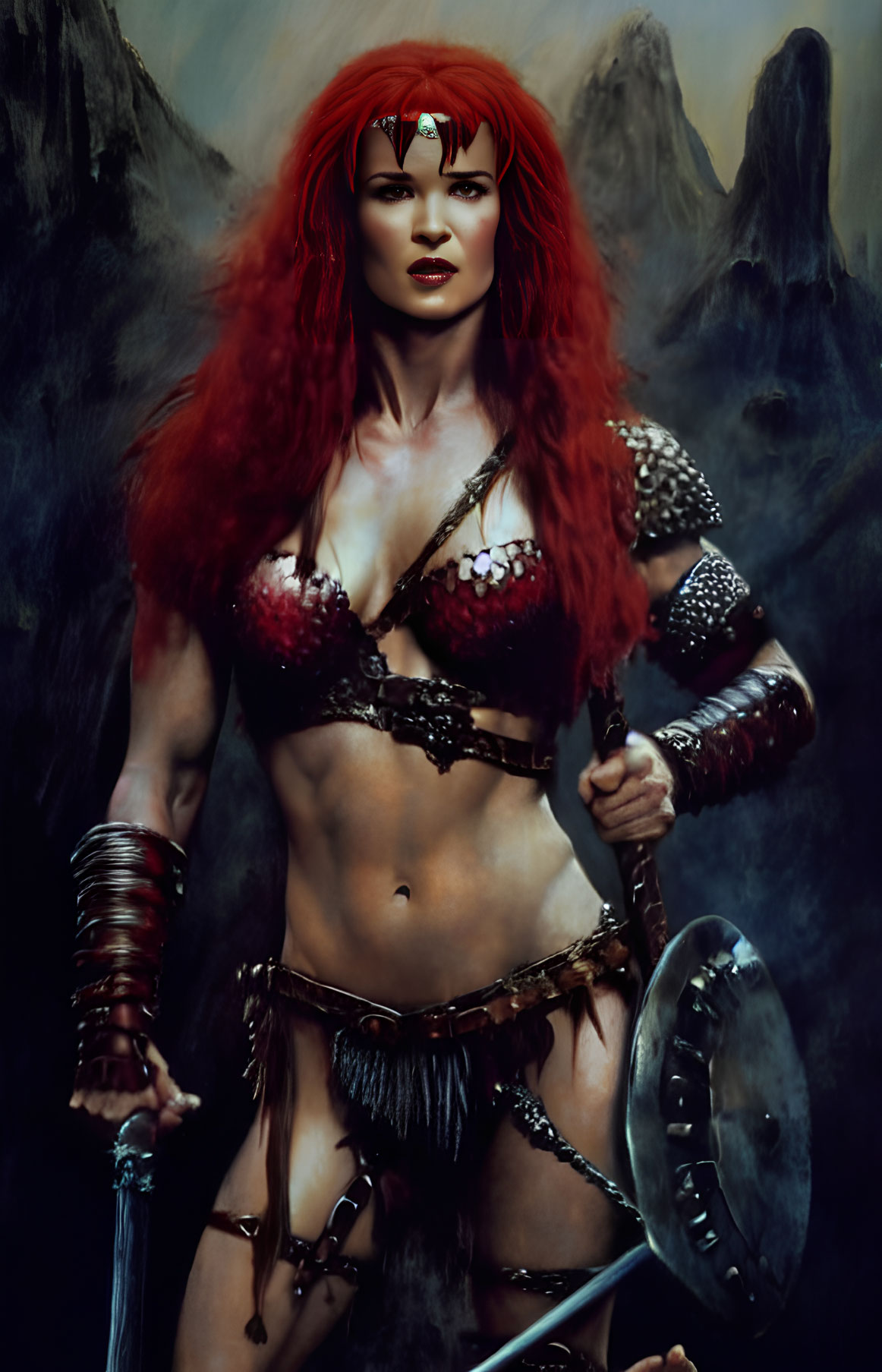 Red-Haired Warrior Woman in Skull Armor with Sword and Shield