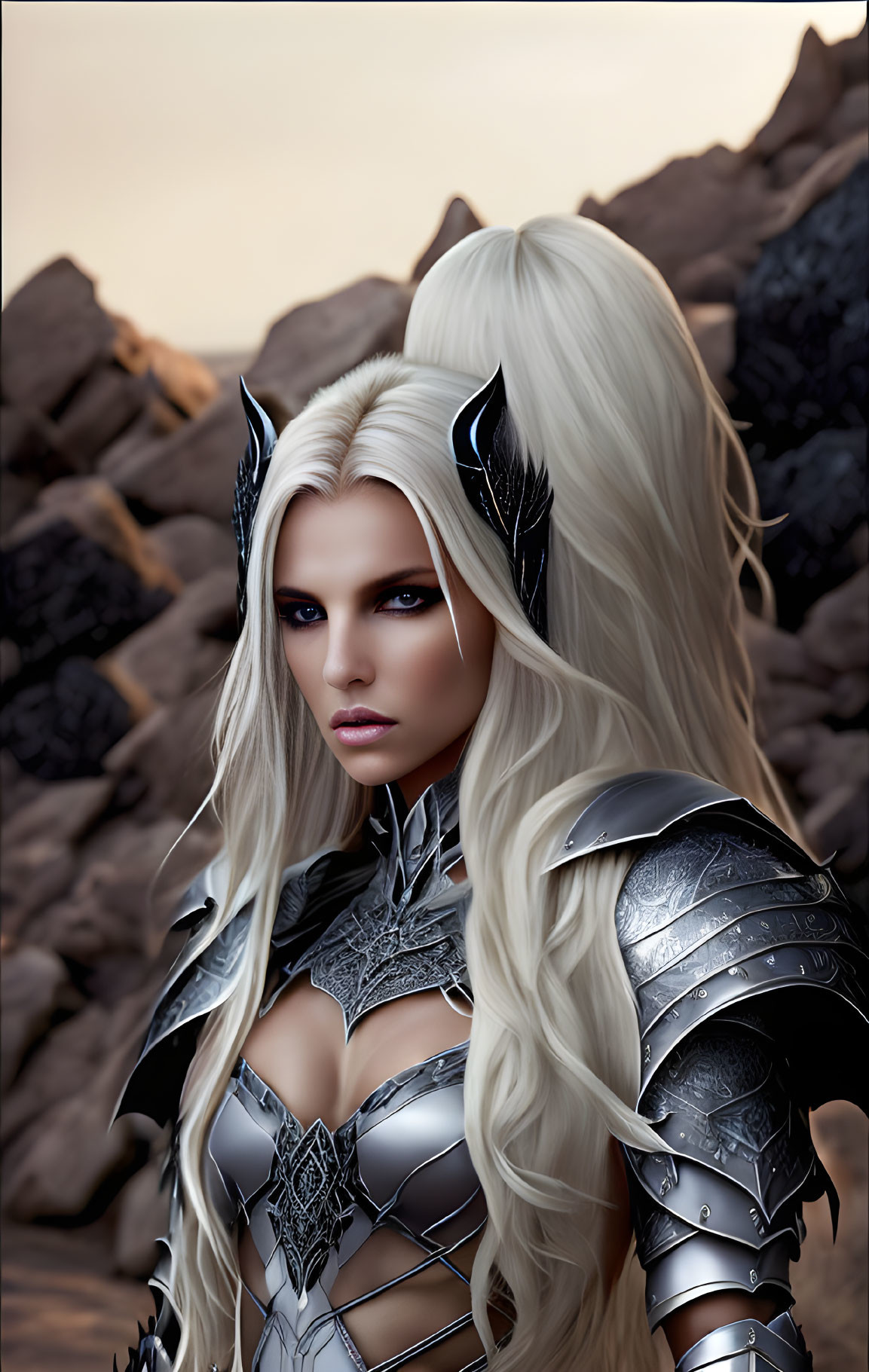 Blond woman in fantasy armor with black horns in rocky setting