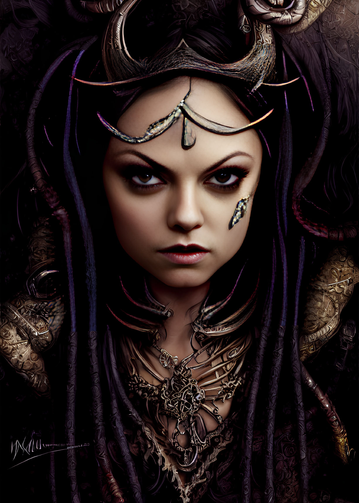 Fantasy illustration of a woman with dark hair and horns, wearing golden jewelry