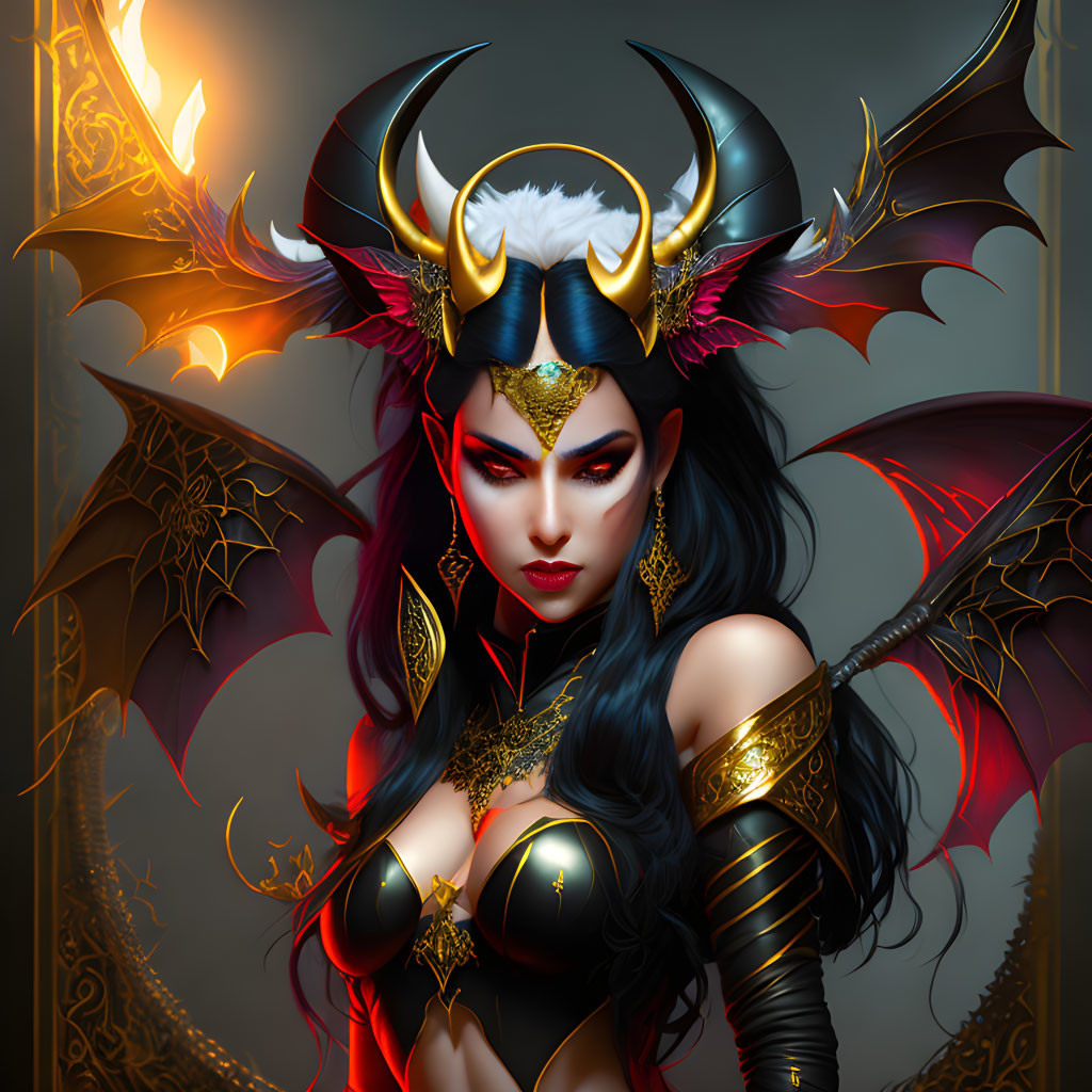 Stylized female character with demon-like features and intricate armor