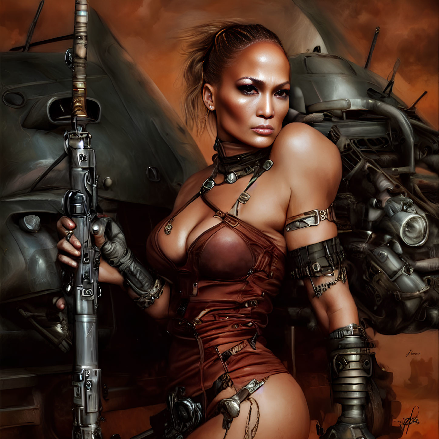 Sci-fi inspired woman with futuristic weapon and robotic mech in dystopian setting