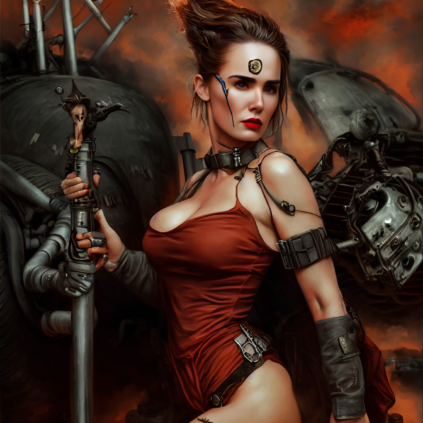 Female warrior in red outfit with staff, symbol on forehead, facing mechanical elephants in fiery sky